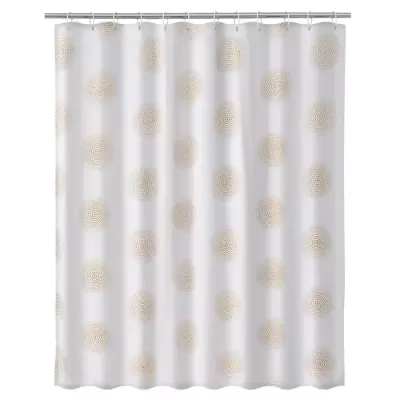 Cortina de chuveiro branca com padrão de círculos dourados