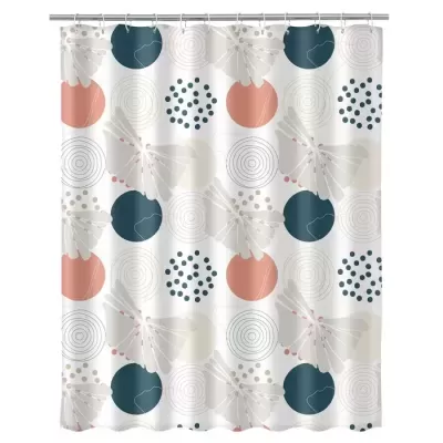Cortina de chuveiro com padrão de círculos e folhas coloridas