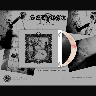 Vinil preto e splatter branco e vermelho com capas de álbum gótico de banda Selvhate com texto AVSKJED