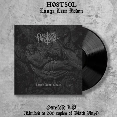Disco de vinil preto com capa gótica 'HØSTSØL Länge Leve Döden' em fundo cinzento