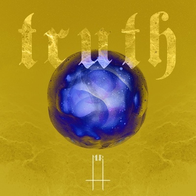 Esfera azul roxa sobre fundo dourado com palavra truth em letras douradas