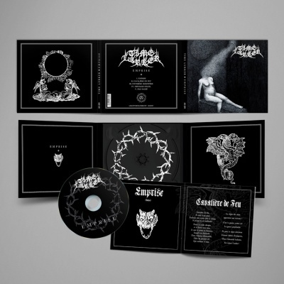 Pacote de CD preto e branco com arte sombria e texto legível em francês