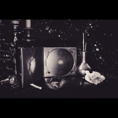 Prato de vinil metálico rodeado por castiçal, vaso com gravetos, coral e garrafa num fundo escuro pontilhado