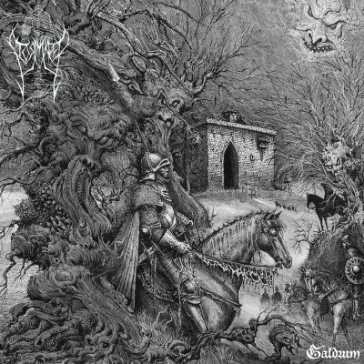 Ilustração em preto e branco de cavaleiro medieval em floresta sombria com demonios e edifício de pedra