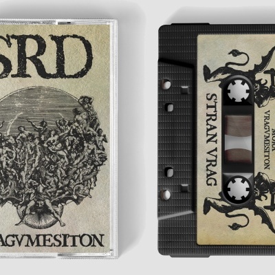 Cassete preta com etiqueta amarelada e caixa transparente com capa ilustrada