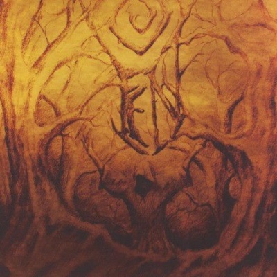 Quadro artístico em tons castanhos e laranja com formas orgânicas semelhantes a troncos e raízes