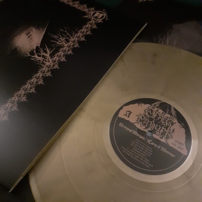 Vinil translúcido bege e capa preta com arte sombria de casa e árvores