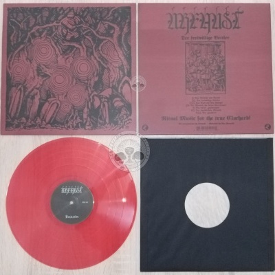 Disco de vinil vermelho com capa rosa e ilustrações e texto em preto