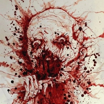 Pintura abstrata de figura humana em tons vermelhos com manchas e respingos.