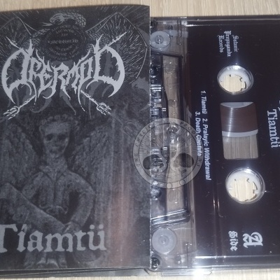 Cassete de música Aberoth Tiamtü com capa preta e transparente com arte sombria.