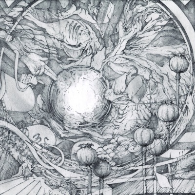 Ilustração a preto e branco com formas orgânicas abstratas e elementos iluminados