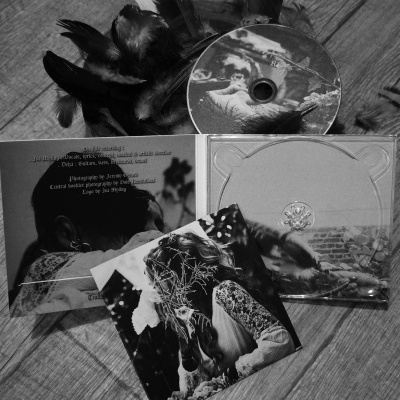 CD com caixa transparente, brochura e penas numa superfície de madeira.