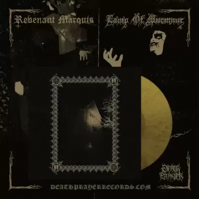 Capa de vinil preta com vinil amarelo e texto gótico