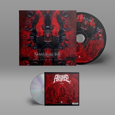 Duas capas de CD vermelhas e pretas com arte abstrata e títulos em francês e inglês