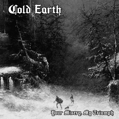 Capa de álbum Cold Earth com texto em fonte antiga a mostrar uma cena nebulosa e figuras no meio da floresta