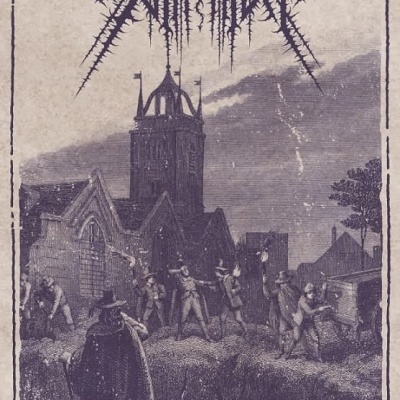 Capa de álbum com logo pontiagudo, igreja antiga e pessoas numa cena histórica em preto e branco