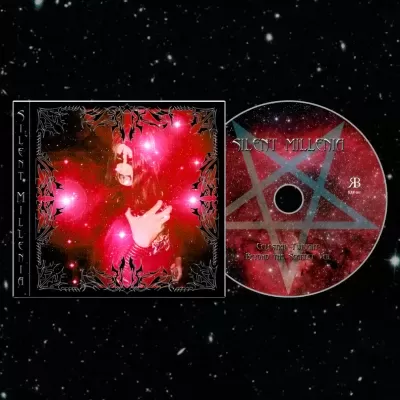 Capa de álbum e CD de banda Silent Millenia com arte vermelha e símbolos místicos em fundo espacial