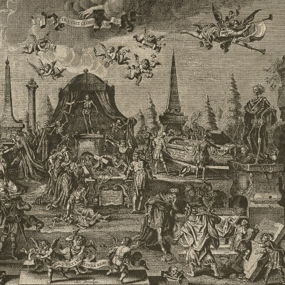 Gravura monocromática com figuras esqueléticas, anjos, estátuas e obeliscos numa cena sombria