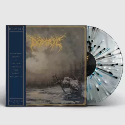 Disco de vinil marmoreado cinza e capa com figura ajoelhada na neve e texto DÖDSRIT.