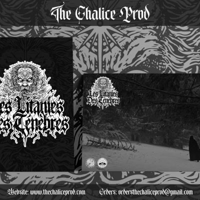 Design gráfico preto e branco com rosto barbado, texto Les Titans des Tenebres e imagem de floresta sombria com neve e figura encapuzada