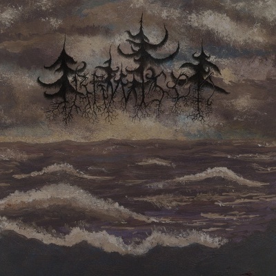 Pintura de mar agitado com árvores negras e raízes formando uma palavra estilizada no céu nublado