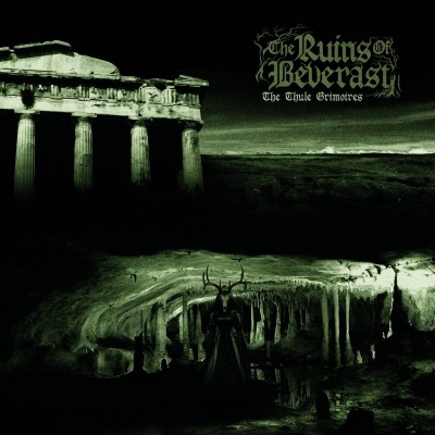 Capa de álbum com ruínas antigas, figura com chifres e texto The Ruins of Beverast The Thule Grimoires.