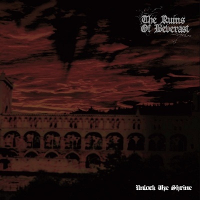 Capa de álbum com céu vermelho e edifício antigo com arcadas