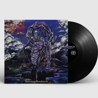 Capa de vinil ilustrada com figura humana e texto Saturnian Bloodstorm