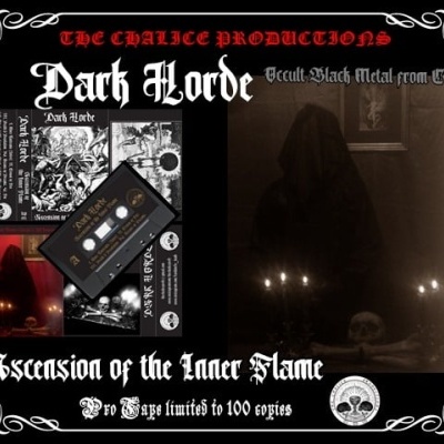 Promoção de cassete Dark Horde com tema occult black metal e figura encapuzada com velas