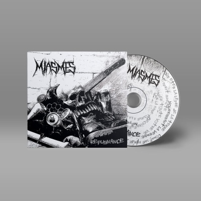 Capa e CD do álbum Repugnance da banda MIASMES com arte preta e branca