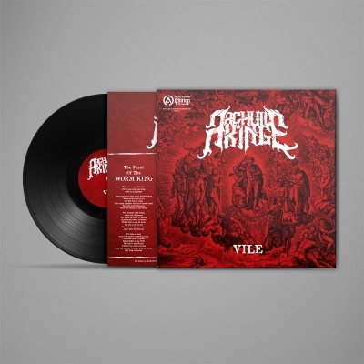 Vinil preto com capa vermelha e branco, banda Behind Armies, álbum VILE, texto de músicas em inglês na contra-capa