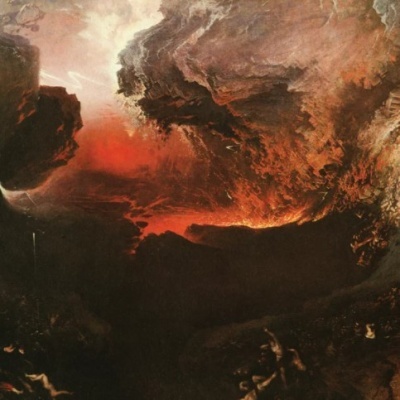 Pintura dramática com nuvens vermelhas e formações rochosas escuras