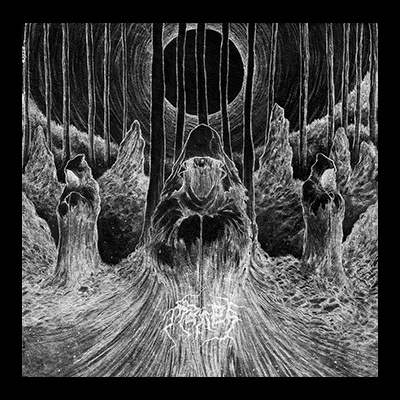 Ilustração sombria em preto e branco com figura encapuzada e texto branco estilizado