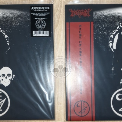 Dois discos de vinil com capa preta e branca com uma figura encapuzada e uma caveira