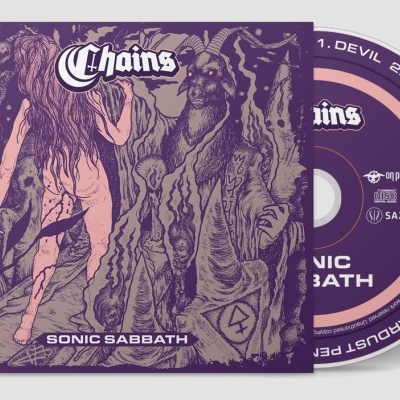 Capa e disco CD roxos com ilustração de figura feminina e texto CHAINS SONIC SABBATH e faixas numeradas