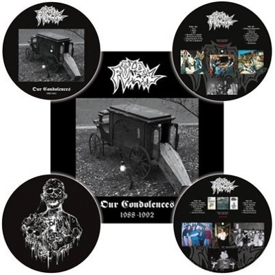 Disco de vinil FUNERAL MIST Our Condolences 1988-1992 com capa em preto e branco e gráficos macabros