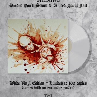 Disco de vinil branco com capa artística em tons castanho e vermelho e texto promocional em fundo cinzento