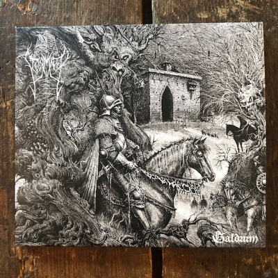 Capa de álbum preto e branco com cavaleiro e figuras fantásticas