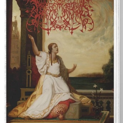 Capa de álbum com pintura clássica de uma figura em trajes brancos e dourados, texto estilizado vermelho e título em dourado