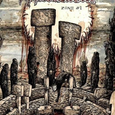 Capa de zine com ilustração sombria de estatuetas e figura pendurada em cena macabra