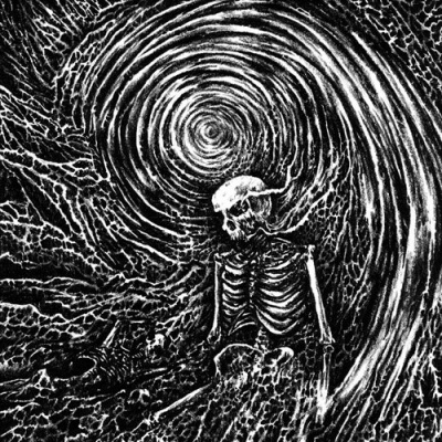 esqueleto humano com vórtice circular em preto e branco
