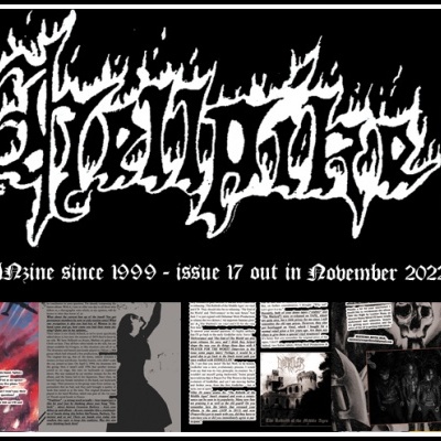 Capa da revista Hellfire com design gótico e várias imagens relacionadas à música metal