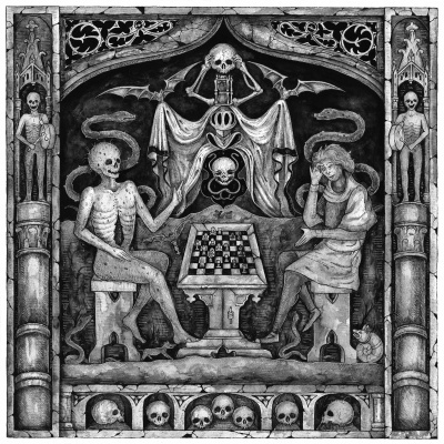 Ilustração em preto e branco de duas figuras jogando xadrez, com elementos macabros como crânios e morcegos.