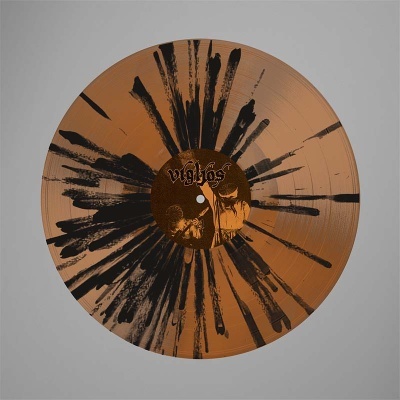 Disco de vinil laranja com detalhes pretos radiantes e rótulo central com a palavra Vaglos