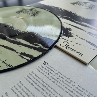 Vinil transparente com listras pretas e capa com nome Hegasich sobre papel com texto