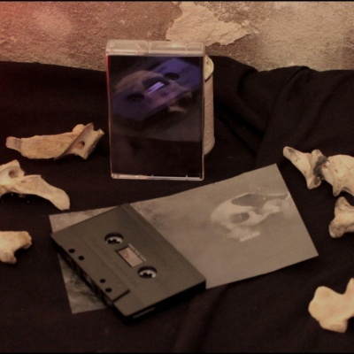 Cassete preto com capa transparente e imagens de crânio sobre tecido preto e ossos