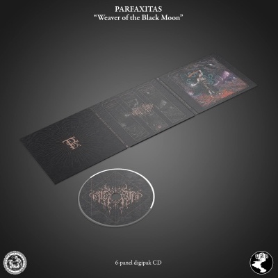 Caixa digipak preta de 6 painéis com CD com arte cósmica e texto DRX