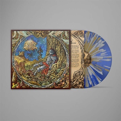 Disco vinil azul e dourado com capa ilustrada de cavaleiro