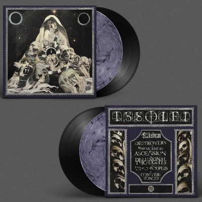 Discos de vinil com capas decoradas e texto de músicas e título