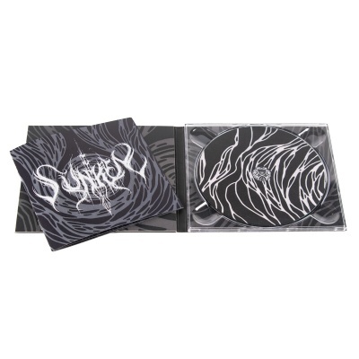 Conjunto de CD musical preto com padrões brancos e capa com texto SuntroP